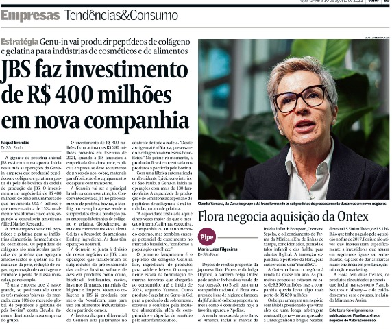 Print de matéria do Valor Econômico sobre empresa de colágeno e gelatina da JBS
