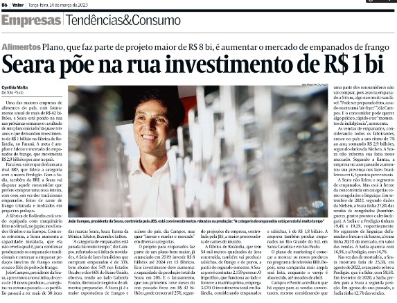 Print de matéria no Valor Econômico mostra foto do presidente da Seara e texto sobre investimento em empanados